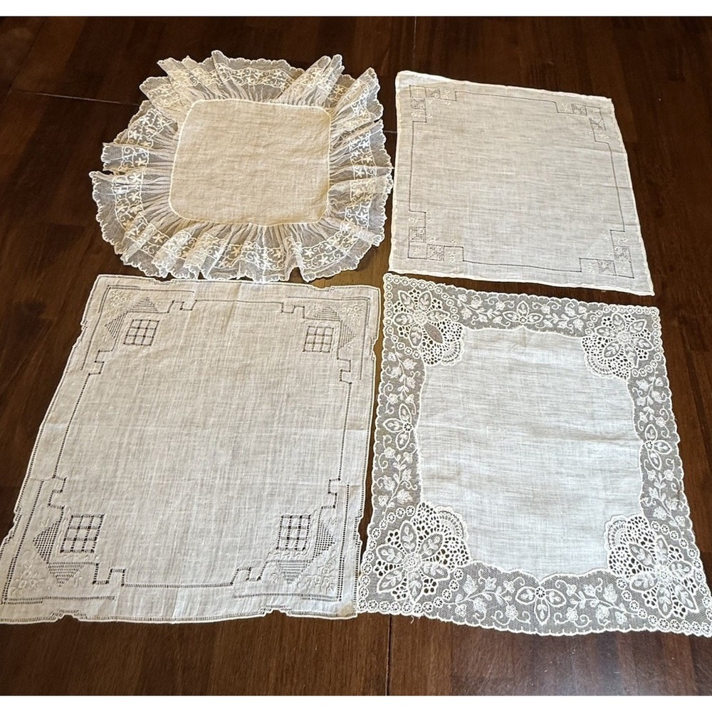 Vintage Lace Handkerchiefs Lot of 4 Fine Linen Valenciennes Alencon & Drawnwork